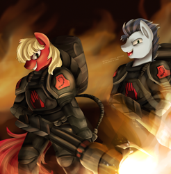 Size: 3046x3093 | Tagged: safe, artist:pridark, soarin', oc, oc:sharpy, anthro, black hand, black hand trooper, brotherhood of nod, command and conquer, crossover, fire, flamethrower, talking, weapon