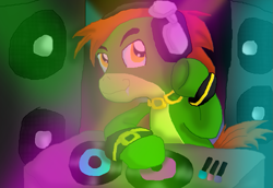 Size: 841x578 | Tagged: safe, artist:cocoasnowflakes, derpibooru import, headphones, ponified, solo, sonic the hedgehog (series), vector the crocodile