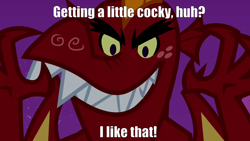 Size: 1280x720 | Tagged: safe, garble, dragon, dragon quest, creepy, evil grin, impact font, rapeface, text