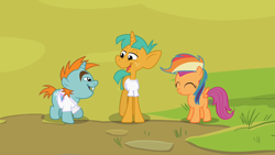 Size: 1280x720 | Tagged: safe, derpibooru import, rainbow dash, scootaloo, snails, snips, pegasus, pony, unicorn, colt, eyes closed, female, filly, freckles, heart, horn, male, multicolored mane, open mouth, shirt, smiling, trio, wings