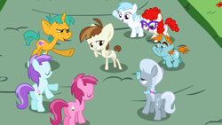 Size: 1280x720 | Tagged: safe, screencap, cotton cloudy, featherweight, liza doolots, petunia, ruby pinch, silver spoon, snails, snips, tootsie flute, twist, ponyville confidential, colt, filly, foal