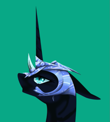 Size: 571x635 | Tagged: safe, artist:oneiria-fylakas, nightmare moon, pony, bust, helmet, portrait, simple background, solo