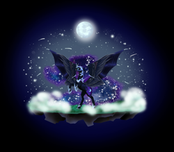 Size: 1024x896 | Tagged: safe, artist:oneiria-fylakas, nightmare moon, pony, floating island, galaxy mane, moon, rearing, solo, stars