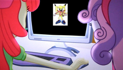 Size: 1256x720 | Tagged: safe, derpibooru import, edit, edited screencap, screencap, apple bloom, sweetie belle, equestria girls, equestria girls (movie), computer, meme, obligatory pony, sonichu, the crusaders browse the internet