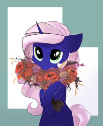 Size: 2480x3020 | Tagged: safe, artist:kebchach, oc, oc only, oc:evening rise, pony, unicorn, abstract background, big eyes, blue body, flower, green eyes, simple background, solo, white mane