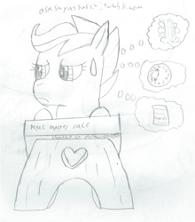 Size: 1386x1578 | Tagged: safe, artist:2shyshy, derpibooru import, scootaloo, 30 minute art challenge, clock, desk, monochrome, solo, sweat, waterfall