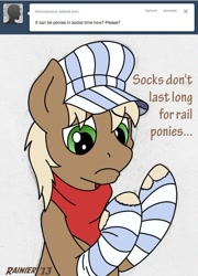 Size: 564x783 | Tagged: safe, artist:rainier, caboose, clothes, male, rail pony, sad, socks, solo, stallion, striped socks