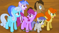 Size: 640x355 | Tagged: safe, derpibooru import, edit, edited screencap, screencap, berry punch, berryshine, carrot top, doctor whooves, golden harvest, linky, sea swirl, seafoam, shoeshine, tornado bolt, it's about time, caption, scared, technically correct, worried, youtube caption