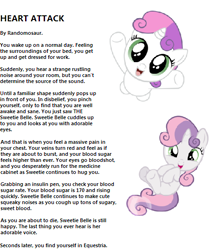 Size: 450x539 | Tagged: safe, artist:randomosaur, derpibooru import, sweetie belle, cute, diabetes, diasweetes, heart attack, story, text, the equestria after death