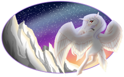 Size: 1024x638 | Tagged: safe, artist:oneiria-fylakas, oc, oc only, oc:inkheart, alicorn, pony, female, flying, mare, mountain, solo, stars, tail feathers, twilight (astronomy)