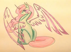 Size: 1024x755 | Tagged: safe, artist:oneiria-fylakas, oc, oc only, pony, unicorn, artificial wings, augmented, female, magic, magic wings, mare, sitting, solo, traditional art, wings