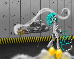 Size: 2000x1600 | Tagged: safe, artist:steedburst, robot, gun, minigun, smoke