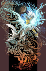 Size: 652x1000 | Tagged: safe, artist:blix-it, derpibooru import, zecora, zebra, abstract, artificial wings, augmented, cauldron, detailed background, female, glow, glowing eyes, magic, magic wings, mare, solo, wings