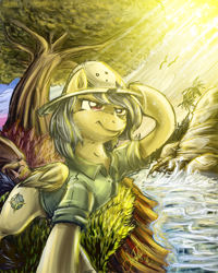 Size: 1536x1921 | Tagged: safe, artist:jadedjynx, derpibooru import, daring do, pegasus, pony, action pose, crepuscular rays, female, mare, scenery, solo, water