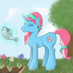 Size: 800x800 | Tagged: safe, artist:sydfreak2, derpibooru import, pony, unicorn, flower, gardenia glow, magic, solo, telekinesis, watering can