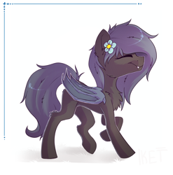 Size: 1104x1119 | Tagged: safe, artist:kebchach, oc, oc only, oc:angel tears, bat pony, pony, eyes closed, fangs, flower, flower in hair, smiling, solo