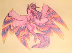 Size: 1024x762 | Tagged: safe, artist:oneiria-fylakas, twilight sparkle, twilight sparkle (alicorn), alicorn, original species, pony, seraph, seraphicorn, braham, colored wings, multicolored wings, multiple wings, solo, species swap, traditional art, unshorn fetlocks