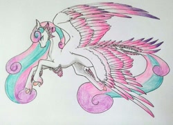 Size: 1024x740 | Tagged: safe, artist:oneiria-fylakas, princess flurry heart, alicorn, original species, pony, seraph, seraphicorn, colored wings, flying, multicolored wings, multiple wings, older, solo, species swap, traditional art, unshorn fetlocks