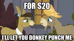 Size: 561x309 | Tagged: safe, derpibooru import, edit, edited screencap, screencap, cranky doodle donkey, matilda, donkey, a friend in deed, caption, crankilda, image macro