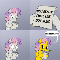 Size: 700x700 | Tagged: safe, sweetie belle, pony, unicorn, adventure time, bipedal, comic, crossover, dialogue, exploitable meme, female, filly, gradient background, hoof hold, horn, lemongrab, letter, meme, note, paper, shadow the hedgehog, solo, sonic the hedgehog (series), speech bubble, sweetie's note meme, two toned hair, two toned mane, unacceptable, white coat