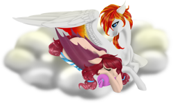 Size: 6275x3733 | Tagged: safe, artist:oneiria-fylakas, oc, oc only, oc:dreamie, oc:heartfire, bat pony, pegasus, pony, clothes, cloud, dreamfire, female, high res, mare, pillow, prone, simple background, sleeping, socks, striped socks, transparent background