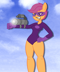 Size: 2490x3000 | Tagged: safe, artist:kaixxxcorner, artist:scobionicle99, scootaloo, anthro, arm cannon, domino mask, mask, solo, spandex, super scoots, weapon