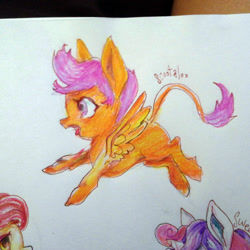 Size: 1918x1918 | Tagged: safe, artist:youmywaywardgirl, derpibooru import, scootaloo, solo, text, traditional art