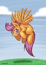 Size: 600x848 | Tagged: safe, artist:romanrazor, derpibooru import, scootaloo, floating, flying, scootaloo can fly, solo