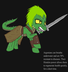 Size: 850x900 | Tagged: safe, artist:glue123, argonian, bandit, black background, lizard pony, mouth hold, ponified, simple background, skyrim, solo, sword, the elder scrolls