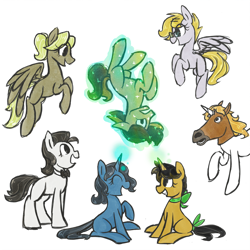 Size: 1000x1000 | Tagged: safe, artist:radioactive-k, derpibooru import, oc, oc only, earth pony, pegasus, pony, unicorn, askshramper, bowtie, braymounth, demibank, glasses, hoers mask, horse head, magic, rule 63