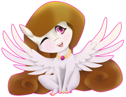 Size: 1024x790 | Tagged: safe, artist:oneiria-fylakas, oc, oc only, pegasus, pony, chibi, female, mare, one eye closed, simple background, sitting, solo, spread wings, transparent background, wings, wink