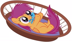 Size: 2600x1536 | Tagged: dead source, safe, artist:chubble-munch, derpibooru import, edit, scootaloo, basket, cute, cutealoo, mouth hold, on back, palette swap, recolor, solo, wonderbolts