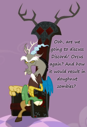 Size: 450x650 | Tagged: safe, derpibooru import, discord, draconequus, zombie, cropped, crossed legs, discord's throne, discorded landscape, donut, dungeons and dragons, insane pony thread, male, narrowed eyes, orcus, purple sky, sitting, solo, throne, tumblr
