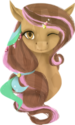 Size: 1449x2394 | Tagged: safe, artist:oneiria-fylakas, oc, oc only, oc:crumble, pony, bust, female, mare, one eye closed, portrait, simple background, solo, transparent background, wink