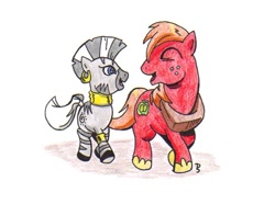 Size: 792x589 | Tagged: safe, artist:atticart, derpibooru import, big macintosh, zecora, earth pony, pony, zebra, eyes closed, male, stallion, traditional art