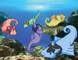 Size: 705x548 | Tagged: artist needed, source needed, safe, derpibooru import, sea pony, seahorse, fins, free!, glasses, male, open mouth, ponified, smiling, swimming, underwater