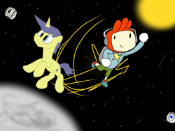 Size: 1024x768 | Tagged: safe, artist:biosonic100, derpibooru import, comet tail, crossover, maxwell (scribblenauts), portal (valve), portal 2, scribblenauts, space