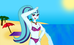 Size: 4242x2559 | Tagged: safe, artist:cyber-murph, sonata dusk, equestria girls, armpits, bad anatomy, beach, bikini, clothes, looking at you, open mouth, small head, solo, swimsuit