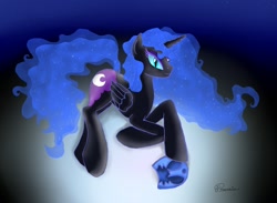 Size: 2000x1462 | Tagged: safe, artist:doublebackstitcharts, derpibooru import, nightmare moon, alicorn, black coat, female, horn, mare, simple background, solo