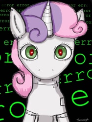 Size: 768x1024 | Tagged: safe, artist:shirinuigod, derpibooru import, sweetie belle, sweetie bot, pony, robot, unicorn, error, female, filly, foal, horn, looking at you, red eyes, solo, text