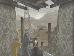 Size: 800x600 | Tagged: safe, screencap, oc, oc only, oc:littlepip, anthro, unicorn, 3d, clothes, fallout: new vegas, fanfic, fanfic art, female, gun, horn, jumpsuit, pipbuck, reloading, solo, vault suit, wasteland, weapon