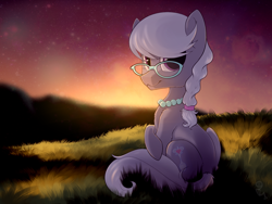 Size: 1600x1200 | Tagged: safe, artist:kebchach, silver spoon, earth pony, pony, female, filly, glasses, jewelry, looking at you, necklace, sitting, smiling, solo, sunset