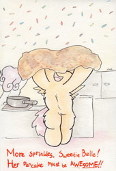 Size: 738x1087 | Tagged: safe, artist:slightlyshade, scootaloo, sweetie belle, cute, cutealoo, pancakes, sprinkles, traditional art