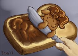 Size: 900x650 | Tagged: safe, artist:tggeko, food pony, human, original species, cute, hand, knife, nutella, nutella pony, ponified, sleeping, toast