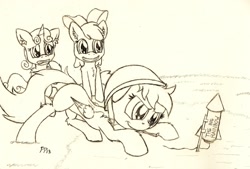 Size: 2281x1544 | Tagged: safe, artist:punk-pegasus, derpibooru import, apple bloom, scootaloo, sweetie belle, cutie mark crusaders, fireworks, traditional art