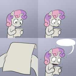 Size: 2000x2000 | Tagged: safe, artist:lemondevil, sweetie belle, pony, unicorn, bipedal, exploitable meme, female, filly, gradient background, hoof hold, horn, letter, meme, paper, plewds, solo, sweat, sweetie's note meme, template, two toned hair, white coat