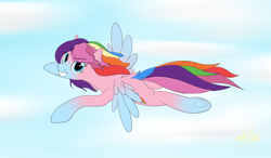 Size: 2046x1196 | Tagged: safe, artist:drake, derpibooru import, oc, oc only, pegasus, pony, female, flying, rainbow pie, solo