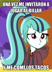 Size: 502x689 | Tagged: safe, artist:bronymetal777, edit, screencap, sonata dusk, equestria girls, rainbow rocks, bad pun, cafeteria, clothes, cute, hoodie, meme, pun, sad, solo, sonatabetes, sonataco, spanish, stick, translated in the comments