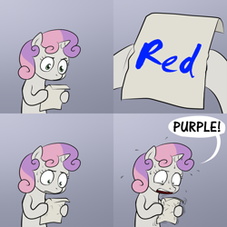 Size: 900x900 | Tagged: safe, edit, sweetie belle, pony, unicorn, bipedal, color text brain-teaser, comic, dialogue, exploitable meme, female, filly, gradient background, hoof hold, horn, letter, meme, paper, solo, speech bubble, stroop effect, sweetie's note meme, two toned hair, two toned mane, white coat