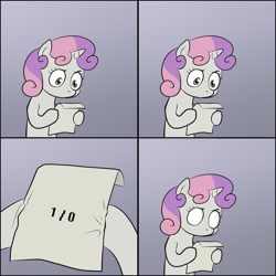 Size: 900x900 | Tagged: safe, sweetie belle, sweetie bot, pony, robot, unicorn, bipedal, comic, divide by zero, exploitable meme, female, filly, foal, gradient background, hoof hold, hooves, horn, letter, logic bomb, meme, paper, solo, sweetie's note meme, two toned hair, white coat, xk-class end-of-the-world scenario